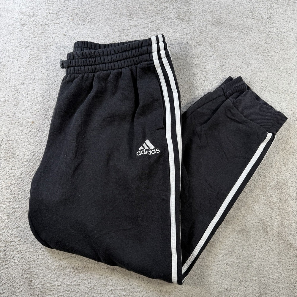Adidas Sweatpants Mens XL Black Fleece Drawstring Pockets Joggers Gym 3 Stripe